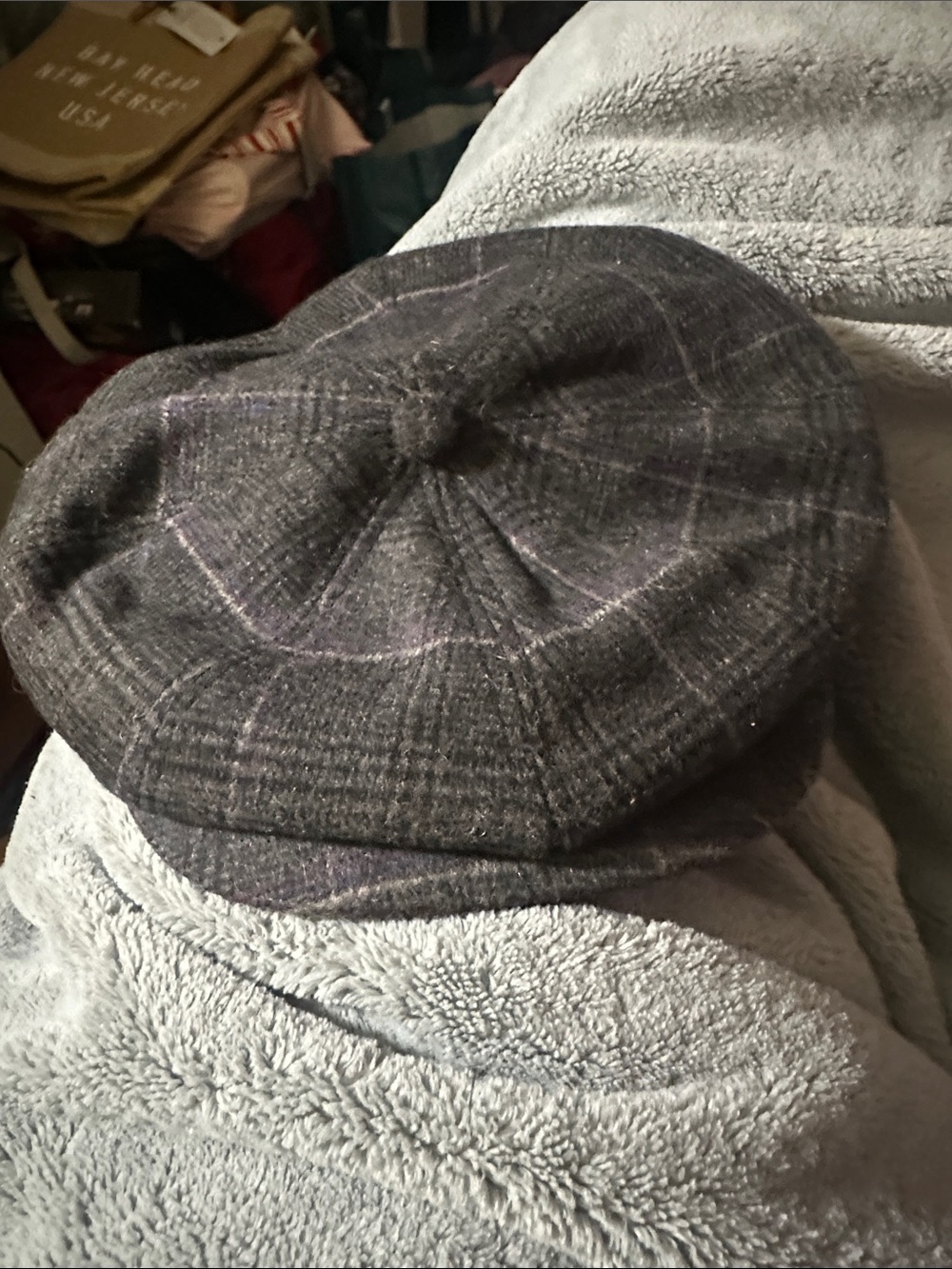 ADORA Dark Gray Plaid Newsboy Cap with Subtle Purple Windowpane